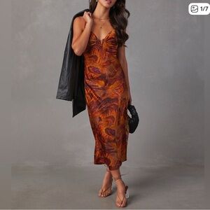 ACOA BROWN-FLORAL ELBİSE MIDI DRESS